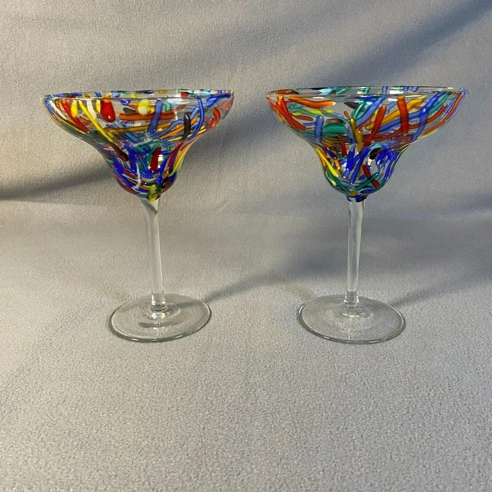 2 Pier One Confetti Swirl Design‎ Hand-Painted Glasses For Wild Margarita Nights